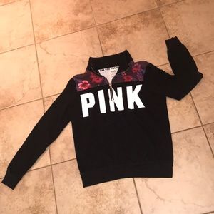 Pink floral collar half zip up sweatshirt